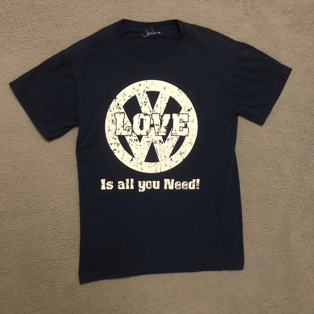 VW‎ Love Is All You Need T Shirt Navy Blue Volkswagen Graphic Small/Med